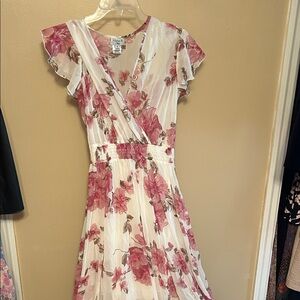 Chic Floral Wrap Midi Dress in Pink and White